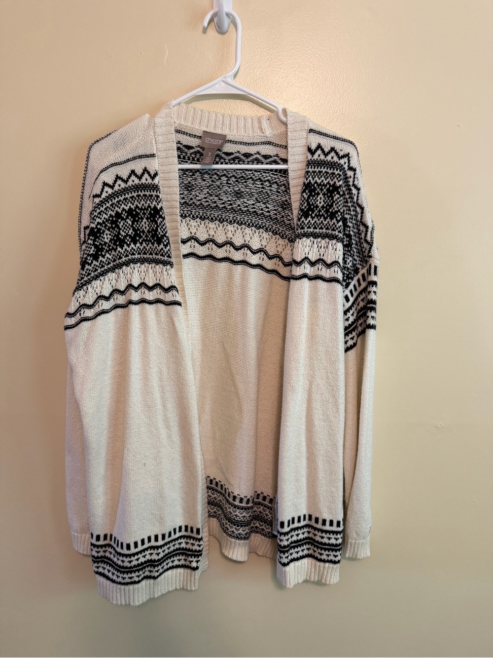 Chico's Cream and Black Open-Front Patterned Cardigan